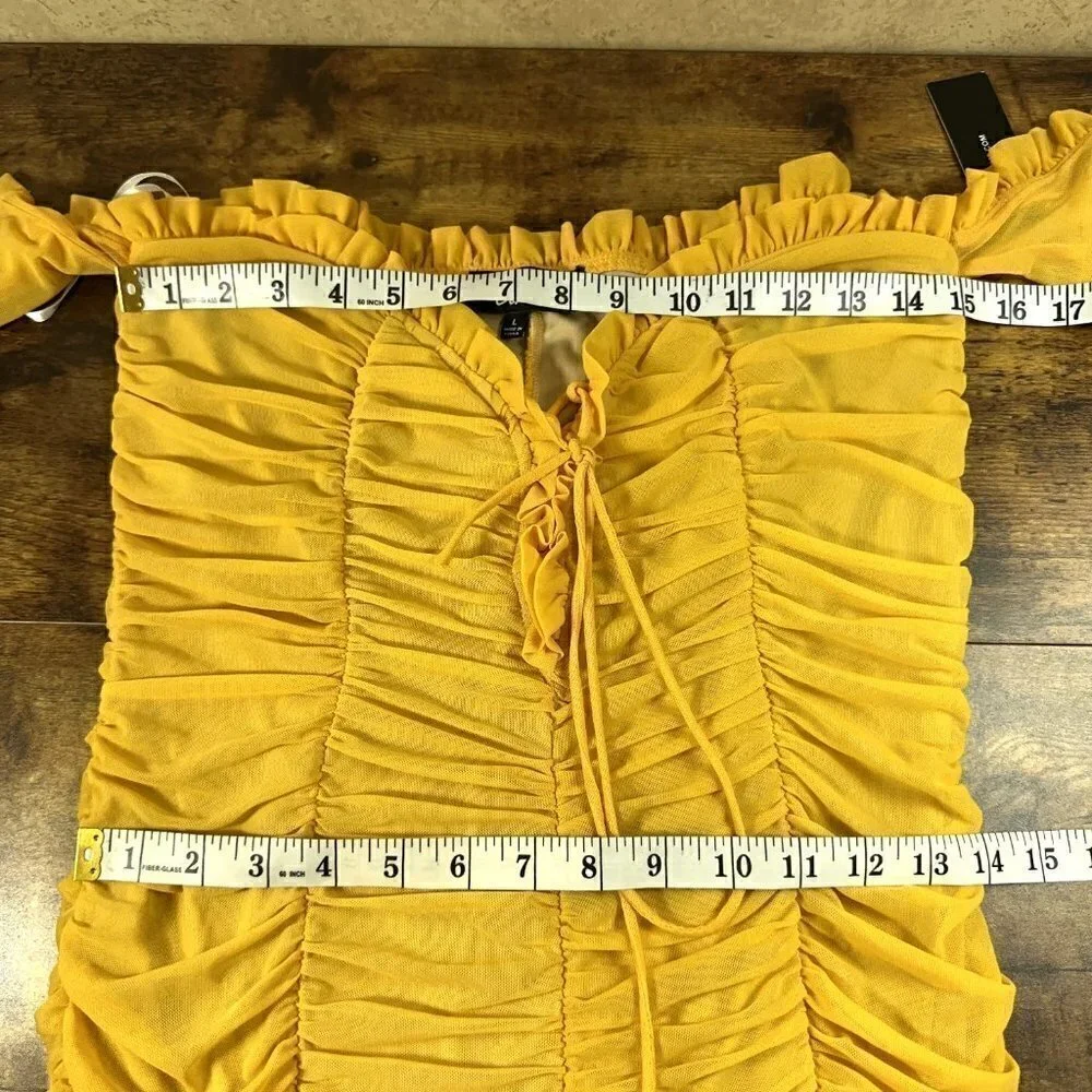 LULUS Dress Womens Size L Mustard Yellow Ruched Off-the-Shoulder Bodycon - Picture 11 of 12
